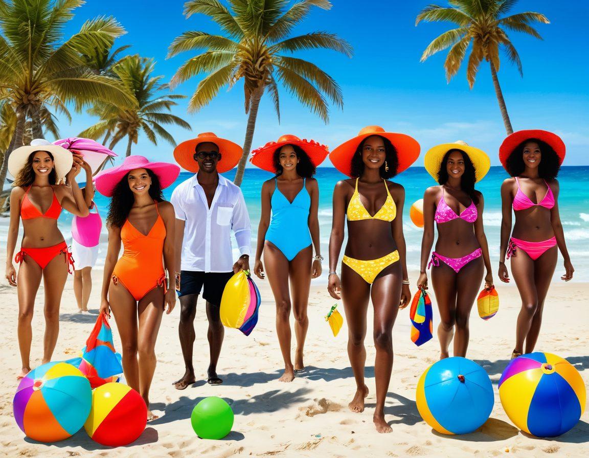 A stylish beach scene featuring diverse individuals showcasing the latest beachwear trends and summer apparel. Include vibrant swimsuits, flowing cover-ups, sun hats, and accessories, set against a sunny shore with palm trees and sparkling waves. Capture a sense of joy and relaxation with colorful beach umbrellas and beach balls in the background. super-realistic. vibrant colors. bright summer atmosphere.